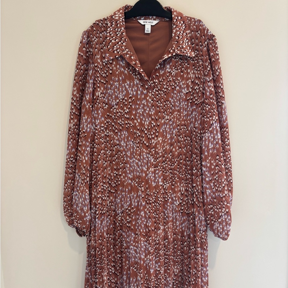 Nine West Rust Print Long Sleeve Collared Dress